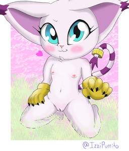 anthro clothing female genitals gloves gloves_only handwear handwear_only kneeling markings mostly_nude navel nipples nude pink_body ring simple_background solo striped_markings striped_tail stripes tail tail_markings vulva izzipurrito bandai_namco digimon digimon_(species) gatomon humanoid hi_res