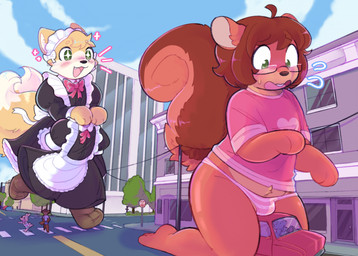 ambiguous_gender anthro apron black_clothing black_dress blush building bulge car clothing cloud day detailed_background dress extreme_size_difference eyewear glasses green_eyes group kneeling macro maid_uniform male open_mouth outside pattern_clothing pattern_underwear pink_clothing pink_shirt pink_topwear plant road running shirt size_difference smile striped_clothing striped_underwear stripes tail topwear tree underwear uniform vehicle white_apron white_clothing pawberry canid canine fox mammal rodent sciurid tree_squirrel 2023 digital_media_(artwork) hi_res
