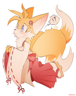 anthro asian_clothing blue_eyes blush chest_tuft clothed clothing crossdressing dipstick_tail east_asian_clothing femboy fur interrobang japanese_clothing kimono male markings nervous solo tail tail_markings tuft white_tail_tip yellow_body yellow_fur iiimirai sega sonic_the_hedgehog_(series) miles_prower canid canine fox mammal hi_res