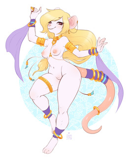 aerial_silk anthro bangle biped blonde_hair blush bracelet breasts collar dancer_outfit ear_piercing female finger_cymbals fingers fur genitals gold_(metal) gold_jewelry hair harem_outfit jewelry long_hair looking_at_viewer mostly_nude mostly_nude_anthro mostly_nude_female navel nipples piercing rat_tail red_eyes sash silk silk_dancing simple_background smile solo tail vulva white_body white_fur onnanoko shannon_(bahumot) mammal murid murine rat rodent 2021 4:5 digital_media_(artwork) full-length_portrait hi_res portrait