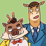 anthro bow_tie brown_body clothing duo green_background humanoid_hands male necktie shirt simple_background slightly_chubby topwear saturn_ribbon odd_taxi atsuya_baba_(odd_taxi) kensuke_shibagaki_(odd_taxi) equid equine horse mammal suid suina sus_(pig) wild_boar 1:1 2021 hi_res