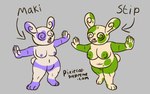 anthro belly breasts dizzy front_view fur green_body green_fur markings nipples nude purple_body purple_fur slightly_chubby slightly_chubby_anthro spots spotted_body spotted_fur standing text pixiecatsupreme nintendo pokemon maki_(noellesuplex) stip_(pixiecatsupreme) generation_3_pokemon pokemon_(species) shiny_pokemon spinda dutch_text english_text hi_res