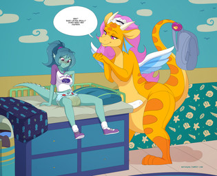 blue_body blue_diaper blue_hair blush bodily_fluids changing_table clothed clothing detailed_background diaper embarrassed featureless_crotch footwear genital_fluids hair holding_backpack looking_at_diaper pouch_(anatomy) shoes socks split_form tail text trash_can unclean_diaper urine used_diaper wearing_diaper wet_diaper wings yellow_body merunyaa mythology dragon marine merfolk mythological_creature mythological_scalie scalie english_text hi_res