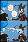 2_panel_comic anthro black_body black_fur blue_background bodily_fluids canid canine cheek_tuft choker clenched_teeth clothing crying dialogue domestic_cat duo english_text facial_tuft fangs felid feline felis fennec_fox fox fur grey_body grey_fur hi_res hoodie humor hybrid jay-r jay-r_(character) jewelry male mammal necklace open_mouth open_smile page_(jay-r) shirt simple_background smile speech_bubble t-shirt tears teeth text topwear true_fox tuft wide_eyed