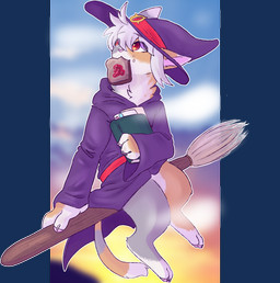 anthro blurred_background bread broom cleaning_tool clothing food food_in_mouth fur hair hat headgear headwear holding_object outside purple_clothing purple_hat purple_headwear purple_robe red_eyes robe solo white_body white_fur white_hair witch_hat yellow_body yellow_fur bunnibeatz arcanis_(hahaluckyme) calico_cat domestic_cat felid feline felis mammal alpha_channel digital_media_(artwork)