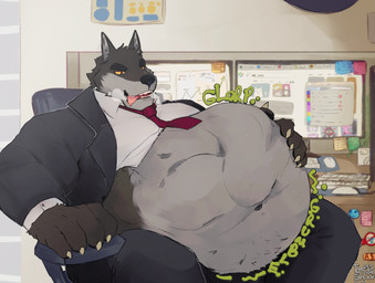 abdominal_bulge accessory belly big_belly chair clothing fur furniture grey_body grey_fur hand_on_belly huge_belly male male_pred necktie office rumbling_stomach same_size_vore sitting suit tongue tongue_out vore yellow_sclera vornywolf canid canine canis mammal wolf hi_res