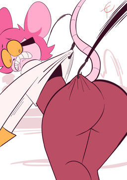 anthro buckteeth butt clothed clothed_anthro clothed_female clothing clothing_pull eyewear female fish_hook fishing_line fur glasses hair hook pink_body pink_fur pink_hair solo tail teeth wearing_glasses toonarscontent muffin_(goommymuffin) mammal mouse murid murine rodent absurd_res hi_res