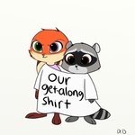 ambiguous_gender anthro brown_eyes clothed clothing duo ears_down fur green_eyes grey_body grey_fur heterochromia orange_body orange_fur pivoted_ears purple_eyes sharing_shirt shirt simple_background standing t-shirt text topwear white_background young young_anthro skelly_doll disney zootopia cooper_(zootopia) fan_character violet_(zootopia) canid canine fox hybrid lagomorph leporid mammal procyonid rabbit raccoon 1:1 2017 english_text hi_res