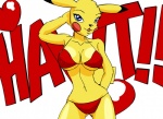 anthro anthrofied big_ears bikini blue_eyes clothed clothing female fur generation_1_pokemon heart_symbol looking_at_viewer mammal nintendo open_mouth pikachu pikanjo pokemon pokemon_(species) pokemon_snap_xxx pokemorph pose rodent skimpy skinny solo swimwear tight_clothing yellow_body yellow_fur