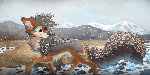 4_toes ambiguous_gender claws countershade_torso countershading feet feral fur grey_body grey_fur grey_tail inner_ear_fluff looking_back mountain outside red_eyes side_view sky smile snow snowing solo standing tail toe_claws toes tuft magenta7 fhyra canid canine canis jackal mammal 2025 digital_drawing_(artwork) digital_media_(artwork) hi_res female_(lore)