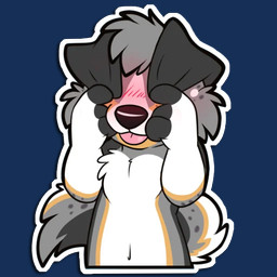 anthro belly blep blush covering covering_face ears_over_eyes eyes_closed floppy_ears folded_ears grey_body grey_spots happy solo spots tail telegram_sticker tongue tongue_out white_belly white_body young young_anthro niu-ka canid canine canis domestic_dog mammal 1:1