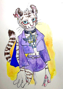 anthro belt biped blue_eyes bottomwear cape clothed clothing collar crop_top ear_piercing ear_ring facial_piercing female fur jewelry leucistic looking_at_viewer markings navel navel_piercing necklace pawpads piercing pink_nose ring_piercing shirt shorts simple_background smile solo spiked_collar spikes standing striped_body striped_fur striped_markings striped_tail stripes tail tail_markings topwear tuft whiskers white_body white_fur kyokyota felid feline mammal pantherine tiger 2018 hi_res painting_(artwork) portrait three-quarter_portrait traditional_media_(artwork) watercolor_(artwork)