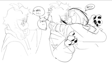 2_horns 4_fingers anthro black_pawpads black_text bodily_fluids clothed clothing crying dialogue duo eyewear fingers floppy_ears fur glasses hair horn hug looking_at_another male open_mouth pawpads paws round_glasses scarf simple_background speech_bubble tears text wearing_glasses white_background pawfless deltarune undertale_(series) kris_dreemurr ralsei bovid caprine goat human mammal 16:9 2025 english_text monochrome multiple_scenes sketch widescreen