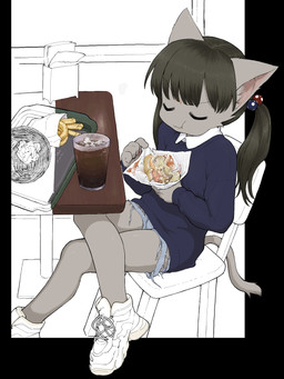 anthro beverage black_hair blue_bottomwear blue_clothing blue_shorts blue_sweater blue_topwear bottomwear burger chair clothing container cup eating eyes_closed female food food_on_face footwear fries furniture grey_body hair holding_food holding_object ice long_hair mouth_closed on_chair pawpads pink_inner_ear pink_pawpads shoes shorts sitting sitting_on_chair solo sweater topwear torn_bottomwear torn_clothing torn_shorts twintails_(hairstyle) white_clothing white_footwear white_shoes young young_female 3yo4yo5yo hiraragi_akane domestic_cat felid feline felis mammal hi_res