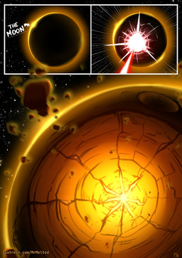crater destruction eclipse laser laser_beam moon not_furry outside solar_eclipse space star text zero_pictured mrmelted 2026 absurd_res comic english_text hi_res url