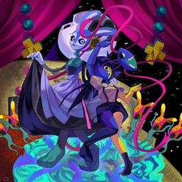 ambiguous_gender anthro black_eyes black_hair blue_body breasts clothed clothing curtains dancing detailed_background female floating_head group hair mask multicolored_body open_mouth smile split_color topwear two_tone_body yellow_body usagimarumei ena_(series) ena_(web_series) ena_(joel_g) ivy_(ena) mask_(ena) moony_(ena) animate_inanimate ena_(species) humanoid lagomorph leporid living_mask living_moon mammal rabbit sphere_creature digital_media_(artwork) hi_res