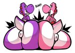 anus anus_only ass_to_ass big_butt butt butt_bump duo huge_butt looking_at_viewer looking_back male male/male puffy_anus smile text komdog mario_bros nintendo dinosaur pink_yoshi prehistoric_species purple_yoshi reptile scalie yoshi 2023 digital_media_(artwork)