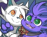 anthro duo fur green_eyes male orange_eyes purple_body purple_fur white_body white_fur mousesix leeg_(kobold_festival) yon_(kobold_festival) felid feline kobold_(kobold_festival) mammal