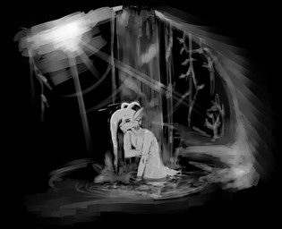 2_horns anthro bathing biped cave cheek_tuft facial_tuft hair horn inside long_hair male nude partially_submerged short_tail solo standing_in_water tail tuft water waterfall crackers_(artist) bovid caprine goat mammal 2026 black_and_white hi_res monochrome