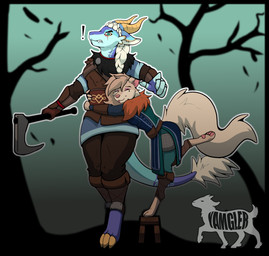 anthro axe blue_body bottomwear braided_hair brown_body clothing duo female female/female forest fur hair hug medieval metal plant simple_background size_difference topwear tree yamgler mythology canid canine canis domestic_cat dragon felid feline felis hybrid maine_coon mammal mythological_creature mythological_scalie scalie wolfdog hi_res