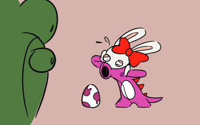 anthro arms_bent brown_background clothed clothed_anthro clothed_female clothed_male clothing duo egg featureless_legs female female_anthro green_eyes green_outfit green_sclera hands_on_own_face head_bow lidded_eyes long_ears looking_at_another male male_anthro mitten_hands no_eyebrows noseless panicking pink_outfit pink_tail red_bow red_spines simple_background standing tail tan_inner_ear insertthenewblhere mario_bros mario_plus_rabbids_kingdom_battle nintendo raving_rabbids rayman_(series) ubisoft fan_character rabbid_birdo rabbid_yoshi lagomorph mammal rabbid 2024 crossover digital_drawing_(artwork) digital_media_(artwork) english_description flat_colors