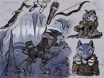 accessory ambiguous_gender anthro armor arrow_(weapon) bag bear_trap blue_body blue_scales bow_(weapon) cave dagger fantasy feet foot_wraps fur_collar furgonomics hood jewelry melee_weapon multiple_poses pendant pose quiver_(object) ranged_weapon scales solo tail tail_accessory tail_bag tongue tongue_out trap_(contrivance) underground weapon wraps tamlin123 kobold scalie
