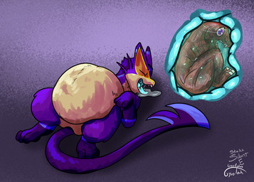 abdominal_bulge acid blue_eyes bodily_fluids countershading death digestion drooling feral feral_pred feral_prey gore internal male male_pred male_prey markings mottled mottled_body on_hind_legs open_mouth organs paws purple_body quadruped red_markings saliva same_size_vore sleeping stomach tan_body vore gyrotech silent_e nintendo pokemon arrox blitz_(gyro) fan_character generation_2_pokemon generation_5_pokemon liepard pokemon_(species) quilava