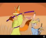 anthro asian_conical_hat black_bars carrot_pen clothing duo female hat headgear headwear katana male melee_weapon sword weapon unclescooter disney zootopia judy_hopps nick_wilde canid canine fox lagomorph leporid mammal rabbit red_fox true_fox 2016 absurd_res hi_res letterbox