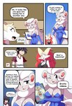 annoyed anthro anthrofied armwear bottomwear braixen bray_(lucyfercomic) canid cinccina_(lucyfercomic) cinccino clothed clothing comic cute_fangs dress elbow_gloves english_text female generation_4_pokemon generation_5_pokemon generation_6_pokemon gloves group hair hair_over_eyes handwear hi_res human inner_ear_fluff lopunny lucyfercomic male mammal nintendo one_eye_closed pokemon pokemon_(species) pokemon_trainer pokemorph shirt speech_bubble t-shirt tank_top text topwear tuft wink