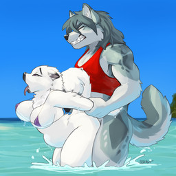 abdominal_bulge anthro anthro_on_anthro anthro_penetrated anthro_penetrating anthro_penetrating_anthro arm_pull bikini breasts clothing day detailed_background duo female female_penetrated from_behind_position hair male male/female male_penetrating male_penetrating_female mature_female micro_bikini natural_breasts open_mouth orgasm_face outside penetration prison_guard_position purple_hair sex sky standing standing_sex swimwear teeth tongue two-piece_swimsuit white_hair seibear canid canine canis domestic_dog fox mammal 1:1 2022 digital_media_(artwork) hi_res