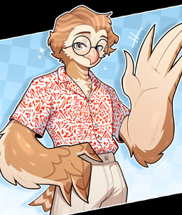 anthro bottomwear brown_body brown_eyes brown_feathers brown_hair clothed clothed_male clothing collared_shirt dress_shirt eyewear feather_hands feathers fully_clothed fully_clothed_male gesture glasses hair hand_on_hip male pants round_glasses shirt solo topwear waving waving_at_viewer wearing_glasses winged_arms wings budoti avian bird owl absurd_res hi_res