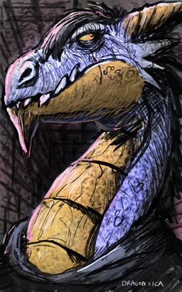 alternative_fashion ambiguous_gender angry autodesk blue_body dark emo_dragon feral goth horn looking_aside scar sharp_teeth simple_background sketchbook solo teeth dragonsica mythology dragon mythological_creature mythological_scalie scalie bust_portrait portrait