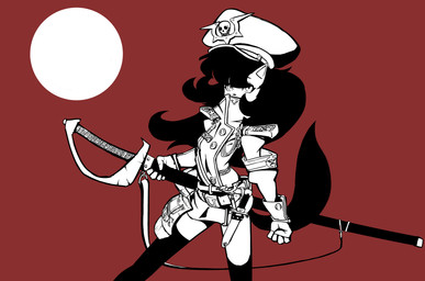 5_fingers alternate_costume belt bottomwear breasts clothing dagger female fingers fist gloves hair handwear hat headgear headwear legwear long_hair looking_at_viewer melee_weapon military peaked_cap pose red_background simple_background skirt solo sunset sword thigh_highs uniform weapon kimsan-stuff nickelodeon t.u.f.f._puppy kitty_katswell domestic_cat felid feline felis mammal absurd_res hi_res monochrome source_request unavailable_at_source