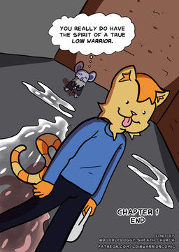 alley anthro blank_stare bodily_fluids cum dialogue genital_fluids head_empty male solo speech_bubble thought_bubble tongue tongue_out loin_warrior popsicle_(loin_warrior) domestic_cat felid feline felis mammal mouse murid murine rodent absurd_res comic hi_res