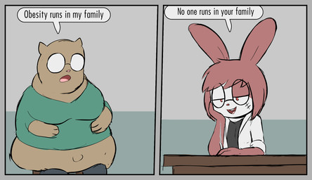 anthro buckteeth cigarette dialogue disrespect duo eyewear facial_scar female fur glasses humor male moobs morbidly_obese morbidly_obese_anthro navel obese obese_anthro outie_navel overweight overweight_anthro pink_body pink_fur red_eyes relaxing scar sitting smile smoke smoking smoking_cigarette smug teeth the_truth e254e dr._emilia_(e254e) lagomorph leporid mammal rabbit hi_res