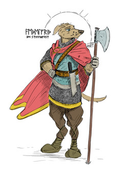 anthro belt belt_buckle belt_pouch blue_eyes boots bottomwear buckle chainmail clothing eyebrows footwear fur gloves handwear male melee_weapon pants robe shirt shoes solo sword tail text topwear weapon yellow_body yellow_fur mawkvlt canid canine canis domestic_dog greyhound hunting_dog mammal sighthound 3:4 hi_res