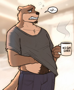 5_fingers anthro back_tuft belly belly_overhang black_nose blue_bottomwear blue_clothing blue_pants blurred_background body_hair bottomwear brown_body brown_eyebrows brown_eyes brown_facial_hair brown_fur cheek_tuft chest_tuft clenched_teeth clothed clothing coffee_mug container countershade_fur countershade_inner_ear countershade_neck countershade_tail countershade_torso countershading cup denim denim_bottomwear denim_clothing eyebrows facial_hair facial_markings facial_tuft fingers fur goatee hand_under_shirt happy_trail head_markings head_tuft interjection jeans looking_aside male male_anthro markings mug multicolored_body multicolored_fur pants pockets potbelly pupils raised_clothing raised_shirt raised_topwear round_ears sharp_teeth shirt slightly_chubby solo squean stated_homosexuality stated_sexuality t-shirt tail tail_tuft tan_body tan_fur teeth text text_on_coffee_mug text_on_mug three-quarter_view tired tired_eyes topwear tuft two_tone_body two_tone_fur white_sclera gatto_gateau echo_(game) echo_(series) echo_project chase_hunter asian_small-clawed_otter mammal mustelid otter 2025 digital_media_(artwork) english_description half-length_portrait hi_res line_art portrait