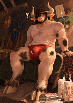 anthro badroom barazoku bodily_fluids bulge clothed clothing embarrassed erection facial_piercing genital_fluids hair hooves horn long_hair male male/male milk morning_wood muscular nipple_piercing nipples nose_piercing nose_ring piercing precum ring_piercing sam_asher septum_piercing septum_ring solo tail tail_tuft tattoo topless tuft underwear wet wet_body wet_clothing wet_underwear n.sam_asher bovid bovine cattle mammal nsfw absurd_res hi_res