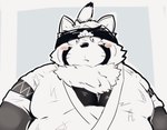 anthro belly big_belly blush jinbei_(clothing) kemono male overweight overweight_male simple_background solo kumazawow torausimuma7 lifewonders live_a_hero shoen canid canine mammal raccoon_dog tanuki 2022