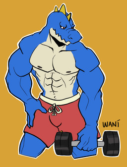 abs anthro blue_body bottomwear bulge clothed clothing dumbbell exercise male muscular muscular_anthro nipples non-mammal_nipples pecs shorts simple_background solo topless topless_male weightlifting weights workout wani_panic wani_(wani_panic) crocodile crocodilian reptile scalie absurd_res hi_res