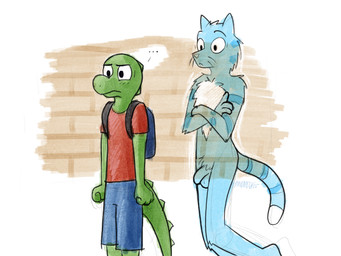 4_fingers annoyed anthro arm_markings backpack balls biped black_eyes blue_body blue_bottomwear blue_clothing blue_fur blue_shorts border bottomwear casual_nudity chest_tuft clothed clothed/nude clothing crossed_arms dipstick_tail duo ellipsis fingers fist flaccid floating foreskin fur fur_markings genitals green_body humanoid_genitalia humanoid_penis male male_anthro markings neck_spines no_irises nude nude_anthro nude_male penis pink_nose pubes red_clothing red_shirt red_topwear shirt shorts simple_background snout speech_marker spines standing striped_arms striped_markings striped_tail stripes tail tail_markings tail_spines topwear translucent translucent_body tuft whiskers white_background white_border white_sclera young young_anthro young_male samareck jess_(ghost_cat) shawn_gader alligator alligatorid crocodilian domestic_cat felid feline felis ghost mammal reptile scalie spirit 2026 4:3 absurd_res dated digital_media_(artwork) hi_res reaction_image signature sketch