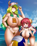 areola areola_slip ball beach big_breasts bikini biped blush breasts camel_toe clitoris_outline clothed clothing female group horn huge_breasts larger_female looking_at_viewer nipple_outline not_furry one_eye_closed open_mouth size_difference skimpy smaller_female smile swimwear teeth thick_thighs trio two-piece_swimsuit volleyball_(ball) chacrawarrior miss_kobayashi's_dragon_maid ilulu quetzalcoatl_(dragon_maid) horned_humanoid humanoid digital_drawing_(artwork) digital_media_(artwork) hi_res shaded soft_shading