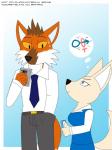 anthro blush clothed clothing duo female male simple_background size_difference suggestive djcoyoteguy aggretsuko sanrio fenneko ookami_(aggretsuko) canid canine fennec_fox fox mammal maned_wolf true_fox 3:4 hi_res