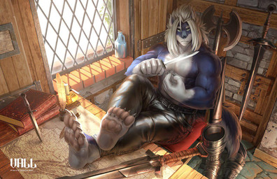 5_toes abs anthro axe barefoot boots bottomwear chair clothing fantasy feet foot_focus foot_on_table footwear furniture humanoid_feet knife legs_up male map melee_weapon muscular muscular_male pawpads plantigrade shoes sitting soles solo sword table tight_clothing toes weapon takahirosi cerulan_(vall16) canid canine canis mammal wolf