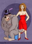 anthro blush breasts clothing dress duo ear_piercing eye_contact female grin hat hat_only headgear headgear_only headwear headwear_only looking_at_another male mostly_nude nipples nude overweight piercing purple_background shy simple_background sitting smile tail rthur disney talespin dumptruck canid canine canis human mammal wolf