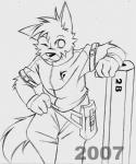 anthro clothed clothing fur male one_eye_closed solo wink takemoto_arashi takemoto canid canine canis domestic_dog mammal 2007 hi_res monochrome sketch