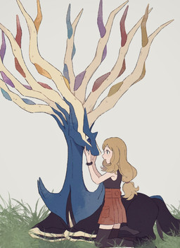 ambiguous_gender blue_eyes bottomwear clothing duo female feral footwear grass grey_eyes hair kneeling legwear lying multicolored_body on_front plant shoes simple_background size_difference skirt tail tan_hair two_tone_body himetya105 nintendo pokemon serena_(pokemon) generation_6_pokemon human legendary_pokemon mammal pokemon_(species) xerneas xerneas_(active_mode) 2026 hi_res