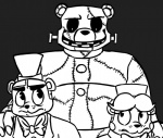 anthro bow_(feature) bow_tie clothing grey_background group hand_on_shoulder hat headgear headwear machine male simple_background top_hat inkyfrog five_nights_at_freddy's five_nights_at_freddy's_2 scottgames bubba_(fnaf) freddy_(fnaf) toy_freddy_(fnaf) animatronic bear mammal robot bolt_(disambiguation) 2016 black_and_white monochrome