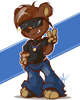 3_toes 5_fingers anthro barefoot big_head biped black_body black_fur black_nose bottomwear brown_body brown_fur brown_hair clothed clothing eyewear feet fingers front_view fully_clothed fur gesture hair hand_gesture hand_in_pocket male pacifier pacifier_necklace pants plushie pockets shirt short_hair smile solo standing sunglasses teddy_bear toes toony topwear v_sign lilchu bear mammal 4:5 cel_shading hi_res shaded