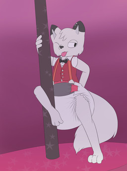 big_diaper big_tail bow_tie clean_diaper clothed clothing dancing diaper diaper_fetish exposed_diaper fur male one_eye_closed pantsless pole pole_dancing solo stripper_pole tail tongue tongue_out wearing_diaper white_body white_fur wink sinningsneasel rendy_maya arctic_fox canid canine fox mammal true_fox hi_res